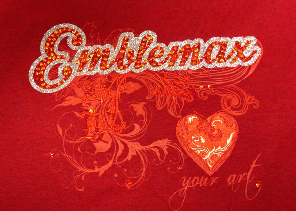 Screen printed, embroidered, heat pressed glitter, and the final touch: rhinestones.