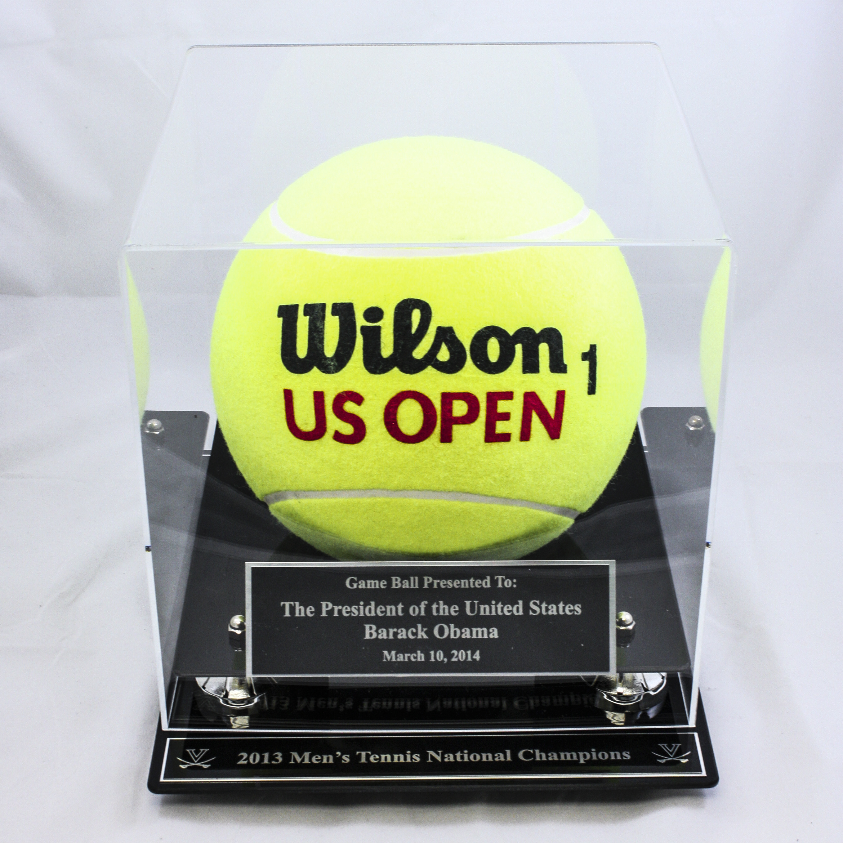 Custom signed tennis ball in award case with plaque
